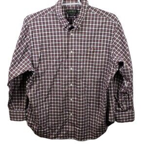 Lauren Ralph Lauren Size 17.5/34-35 Gingham Burgundy Plaid Button Up Shirt‎